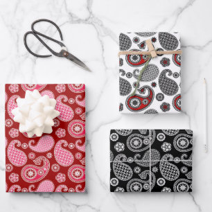 Paisley Pattern, Black, White and Red  Wrapping Paper Sheet