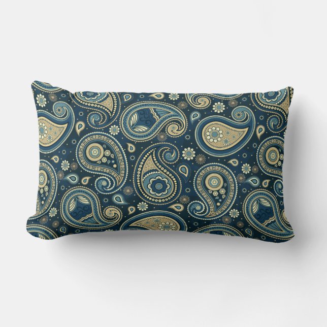 Paisley pattern blue teal gold elegant lumbar pillow (Front)