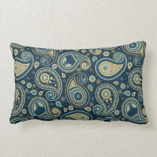 Paisley pattern blue teal gold elegant lumbar pillow