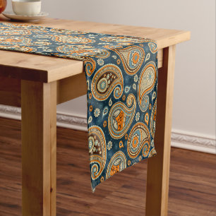 Paisley pattern blue teal orange elegant short table runner