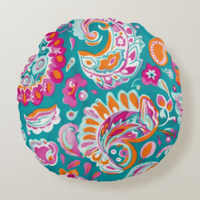 Paisley Pattern Boho Floral Decorative Round Pillow (Front)