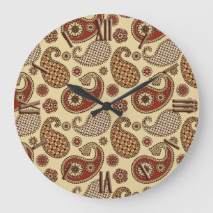 Paisley pattern, brown, tan and beige large clock