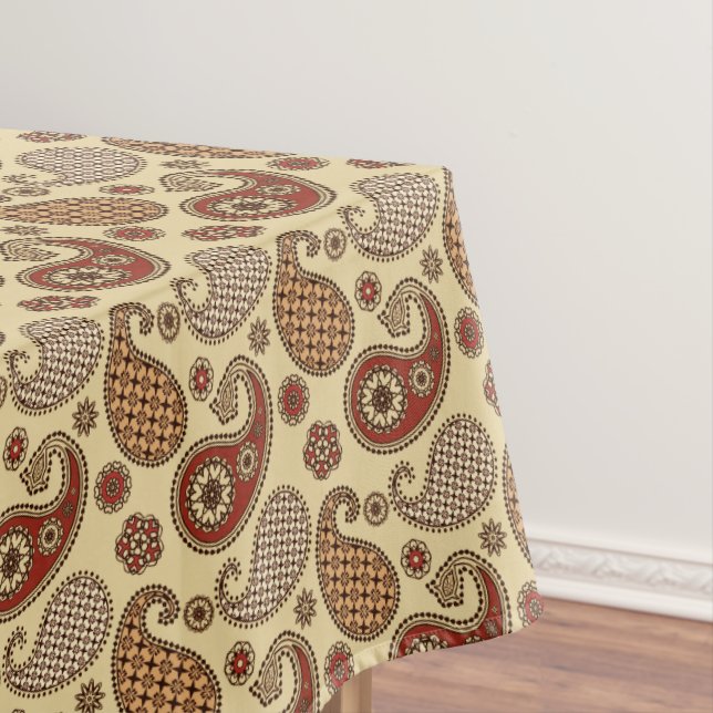 Paisley pattern, brown, tan and beige tablecloth (In Situ)