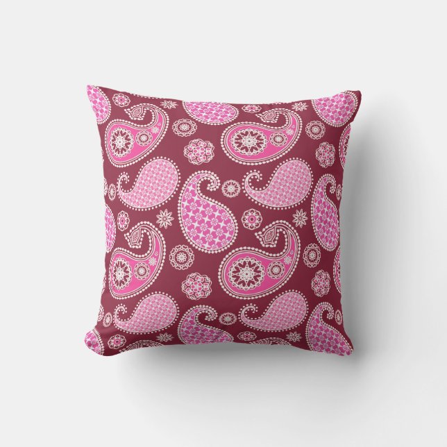 Paisley pattern, Burgundy, Pink and White Outdoor Pillow (Front)