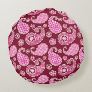 Paisley pattern, Burgundy, Pink and White Round Pillow