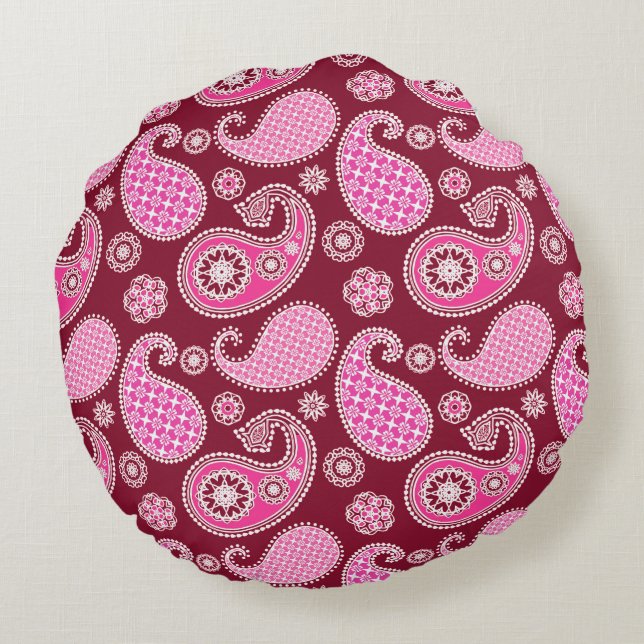 Paisley pattern, Burgundy, Pink and White Round Pillow (Back)
