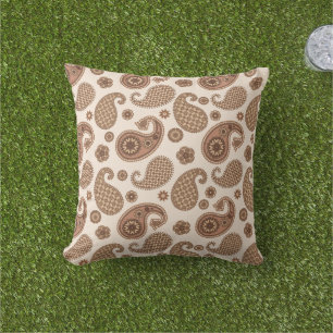 Paisley Pattern, Chocolate Brown and Tan on Beige Outdoor Pillow