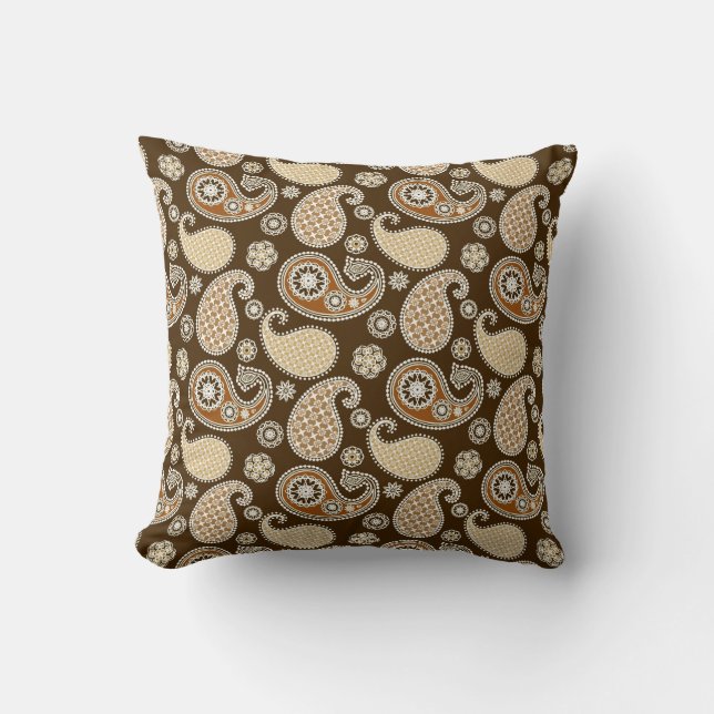 Paisley Pattern, Chocolate Brown and Tan Throw Pillow (Front)