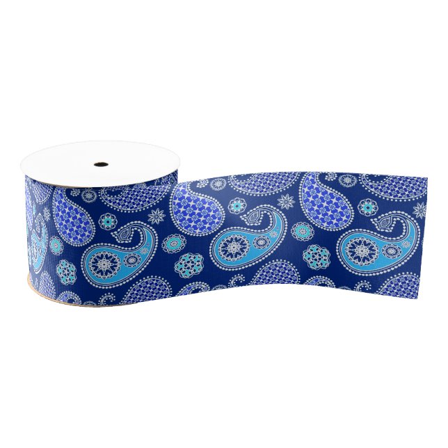 Paisley pattern, cobalt blue and white grosgrain ribbon (Spool)