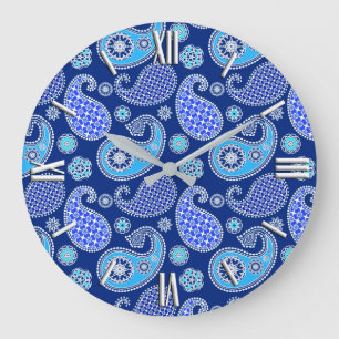 Paisley pattern, cobalt blue and white large clock