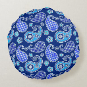 Paisley pattern, cobalt blue and white round pillow