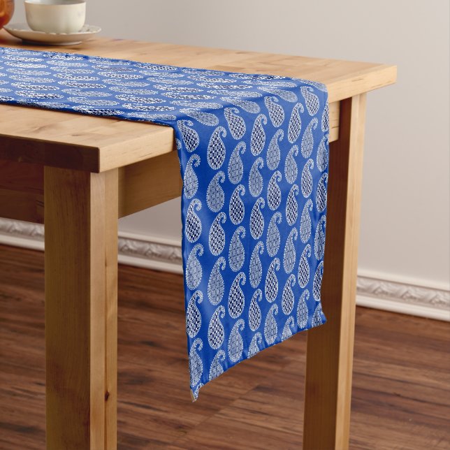 Paisley pattern, cobalt blue and white short table runner (In Situ)