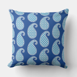 Paisley pattern, cobalt, sky blue and white throw pillow