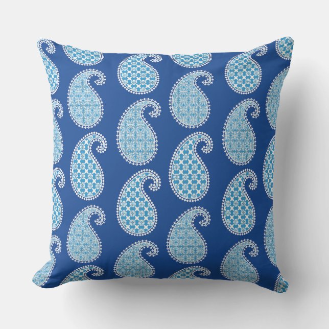 Paisley pattern, cobalt, sky blue and white throw pillow (Front)
