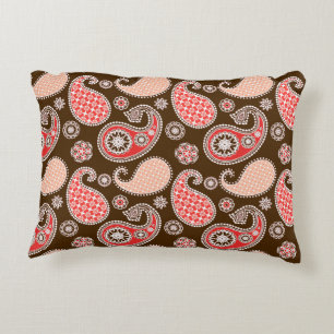 Paisley pattern, coral and chocolate brown decorative pillow
