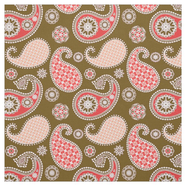 Paisley pattern, coral and chocolate brown fabric (Swatch)
