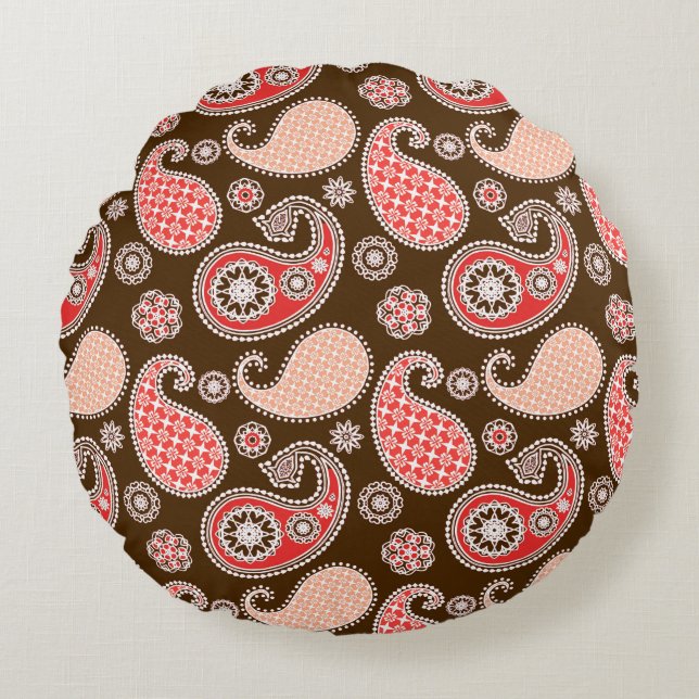 Paisley pattern, coral and chocolate brown round pillow (Front)
