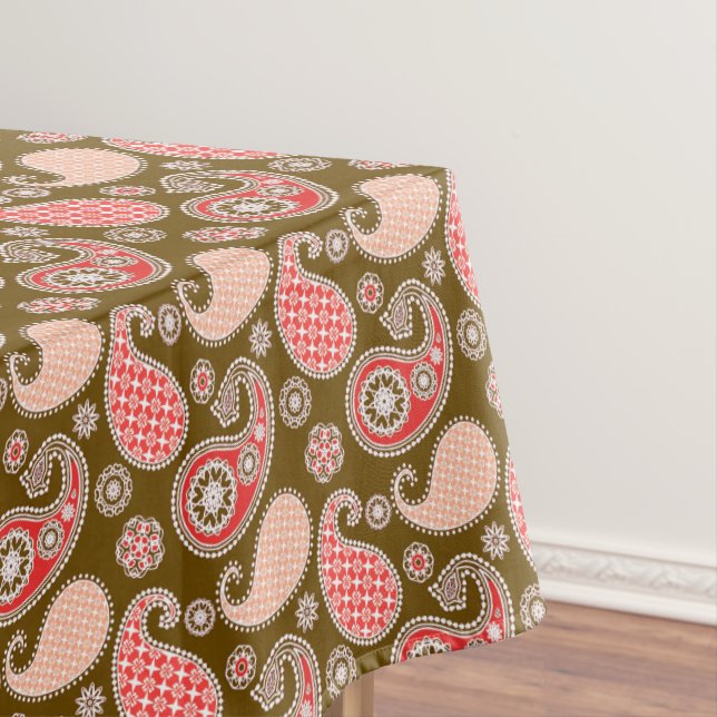 Paisley pattern, coral and chocolate brown tablecloth (In Situ)