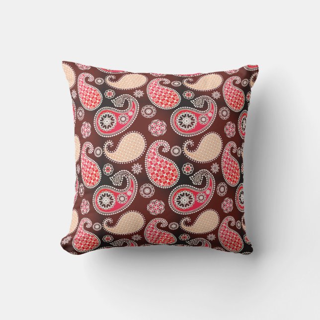 Paisley pattern, coral and chocolate brown throw pillow (Front)
