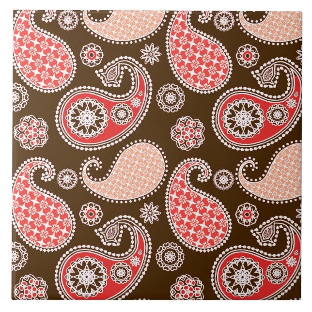 Paisley pattern, coral and chocolate brown tile (Front)