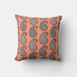 Paisley pattern, coral orange, black and white throw pillow