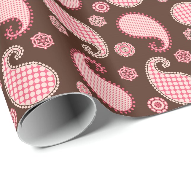 Paisley pattern, coral pink and chocolate brown wrapping paper (Roll Corner)