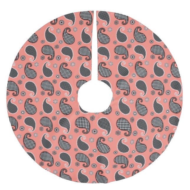 Paisley pattern, coral pink, black and white brushed polyester tree skirt (Front)