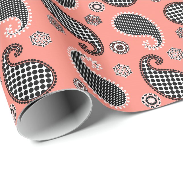 Paisley pattern, coral pink, black and white wrapping paper (Roll Corner)