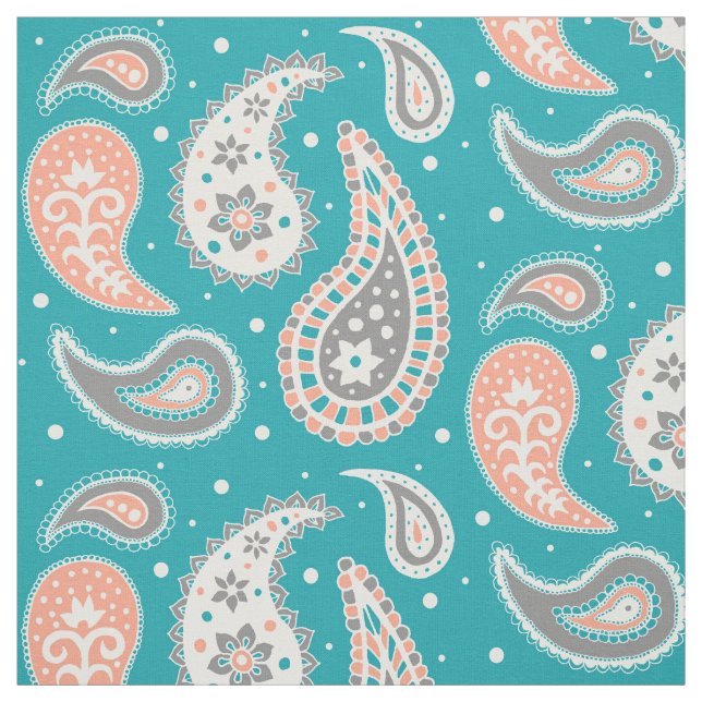 Paisley Pattern Coral Teal Grey Fabric (Swatch)