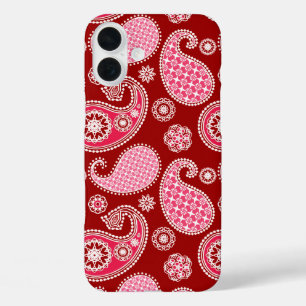 Paisley pattern, Dark Red, Pink and White iPhone 16 Plus Case