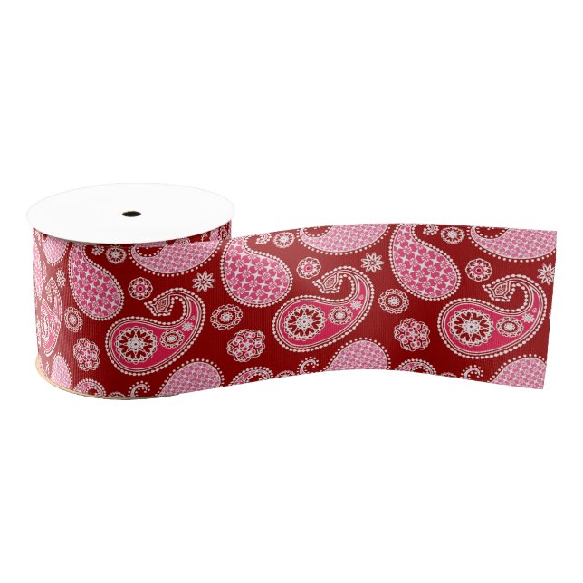 Paisley pattern, Dark Red, Pink and White Grosgrain Ribbon (Spool)