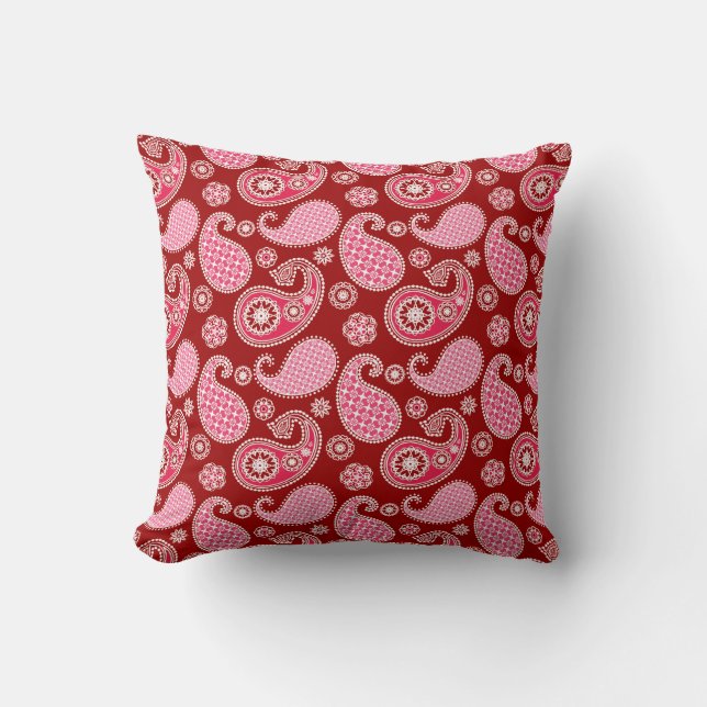 Paisley pattern, Dark Red, Pink and White Throw Pillow (Front)