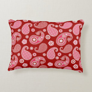 Paisley Pattern, Dark Red, White and Coral Pink Accent Pillow