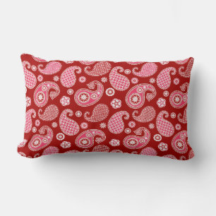 Paisley Pattern, Dark Red, White and Coral Pink Lumbar Pillow