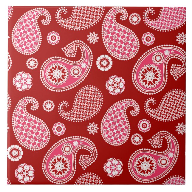 Paisley Pattern, Dark Red, White and Coral Pink Tile (Front)