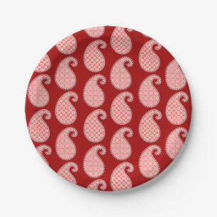 Paisley pattern, deep red and white paper plate