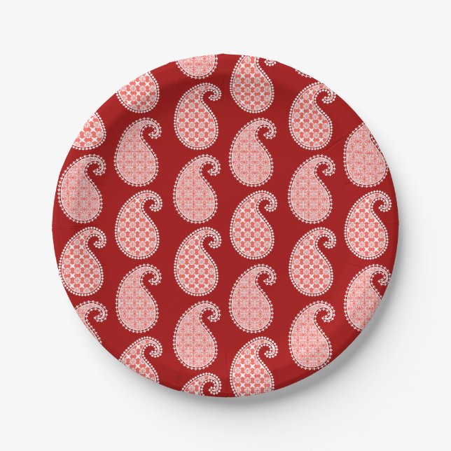 Paisley pattern, deep red and white paper plate (Front)