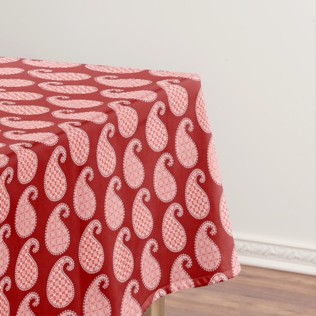 Paisley pattern, deep red and white tablecloth (In Situ)