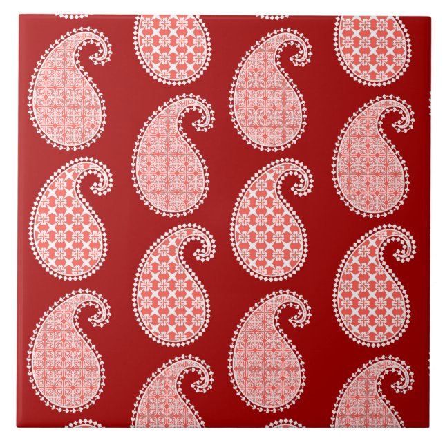 Paisley pattern, deep red and white tile (Front)