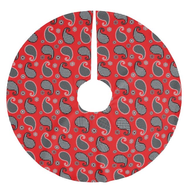Paisley pattern, deep red, black and white brushed polyester tree skirt (Front)
