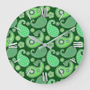 Paisley pattern, Emerald and Jade Green Large Clock