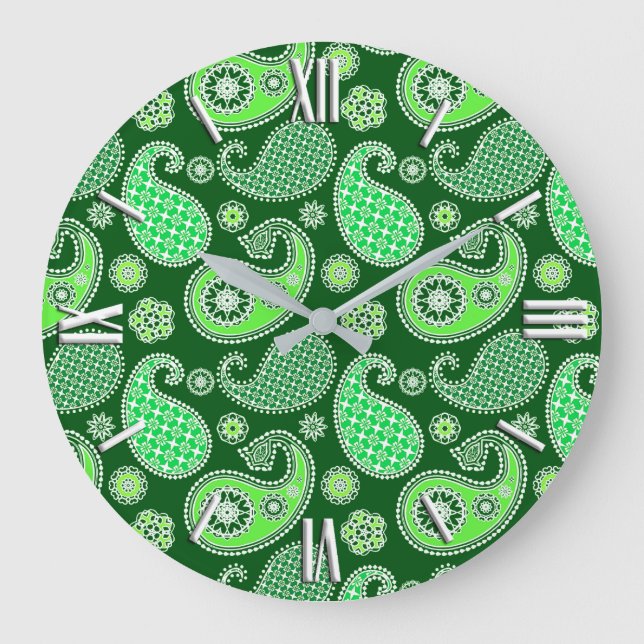 Paisley pattern, Emerald and Jade Green Large Clock (Front)