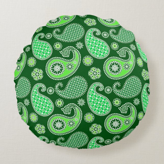 Paisley pattern, Emerald and Jade Green Round Pillow (Front)