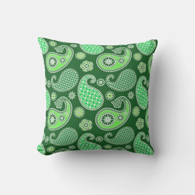 Paisley pattern, Emerald and Jade Green Throw Pillow (Front)