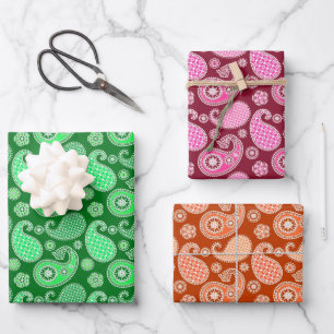 Paisley Pattern, Emerald, Burgundy & Orange Wrapping Paper Sheet