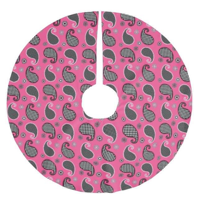 Paisley pattern, fuchsia pink, black and white brushed polyester tree skirt (Front)