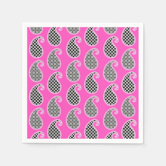 Paisley pattern, fuchsia pink, black and white napkin (Front)