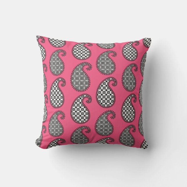 Paisley pattern, fuchsia pink, black and white outdoor pillow (Front)