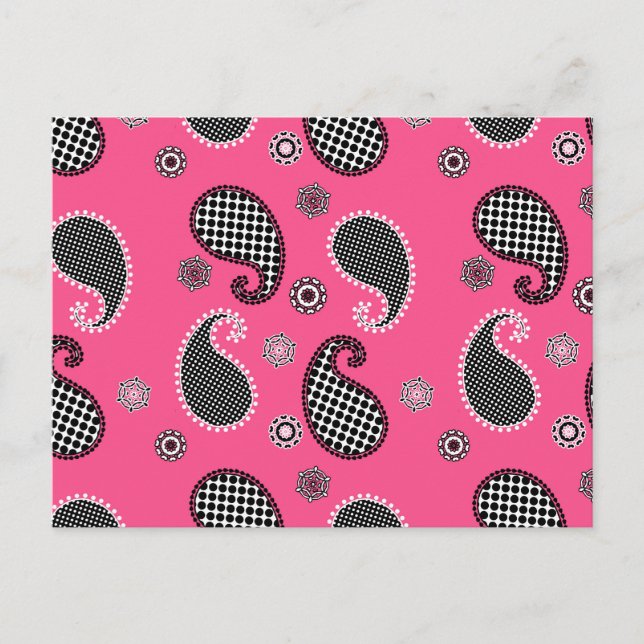 Paisley pattern, fuchsia pink, black and white postcard (Front)