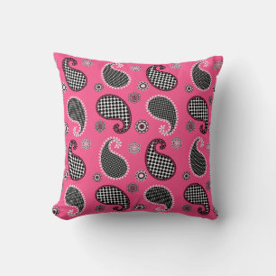 Paisley pattern, fuchsia pink, black and white throw pillow
